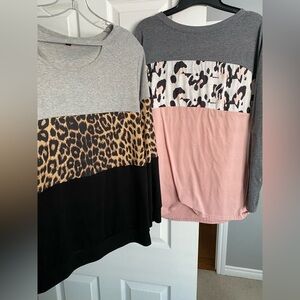 SHEIN Gray and Pink Colorblock Leopard Print Long Sleeve Tops